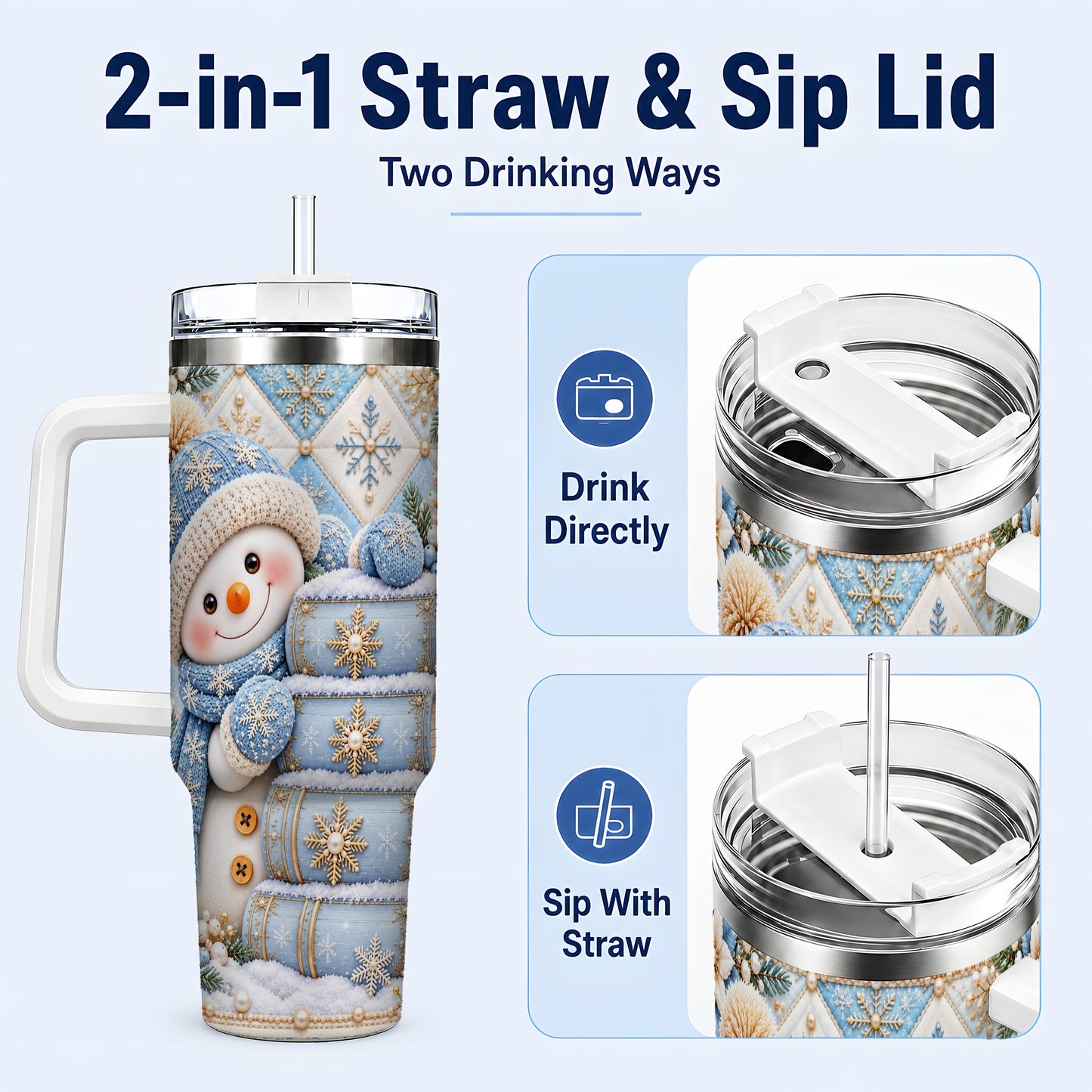 #pl[40oz|White] Snowman Books 40oz Tumbler with Handle, Winter Reading Travel Cup