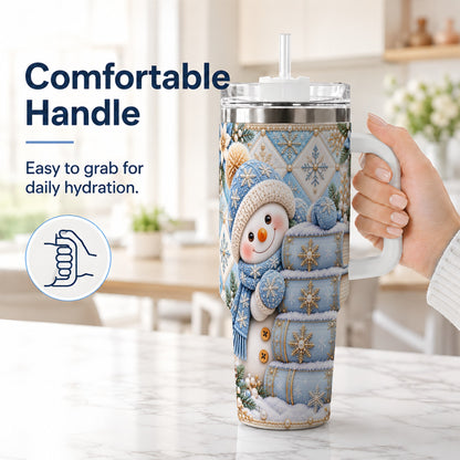 #pl[40oz|White] Snowman Books 40oz Tumbler with Handle, Winter Reading Travel Cup