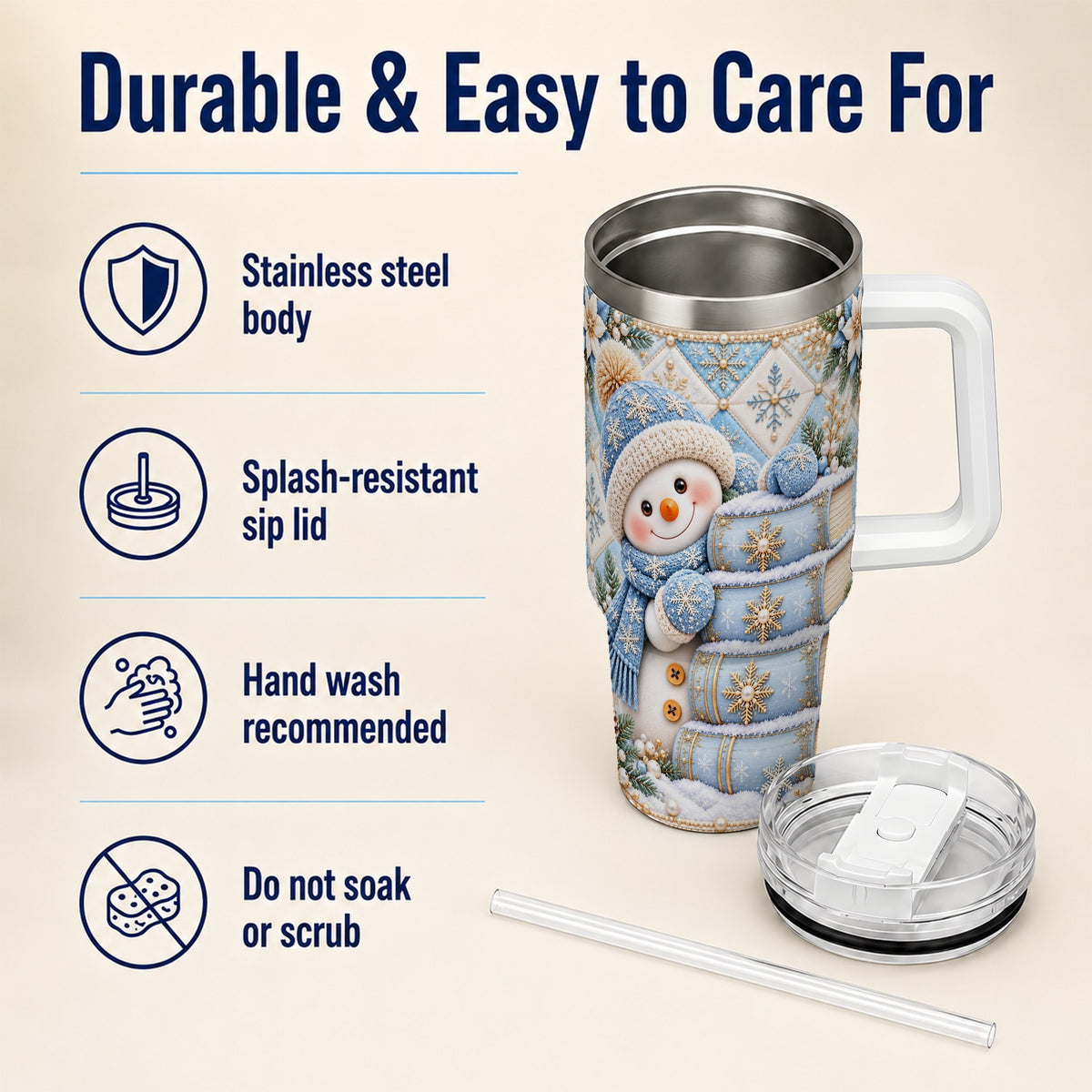 #pl[40oz|White] Snowman Books 40oz Tumbler with Handle, Winter Reading Travel Cup