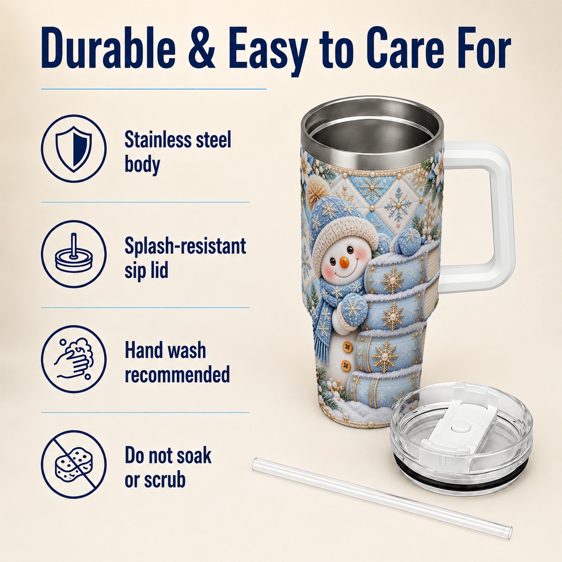 #pl[40oz|White] Snowman Books 40oz Tumbler with Handle, Winter Reading Travel Cup