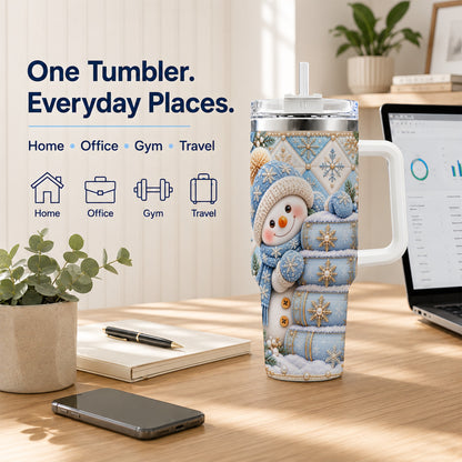 #pl[40oz|White] Snowman Books 40oz Tumbler with Handle, Winter Reading Travel Cup