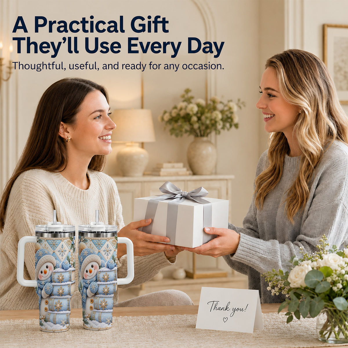 #pl[40oz|White] Snowman Books 40oz Tumbler with Handle, Winter Reading Travel Cup
