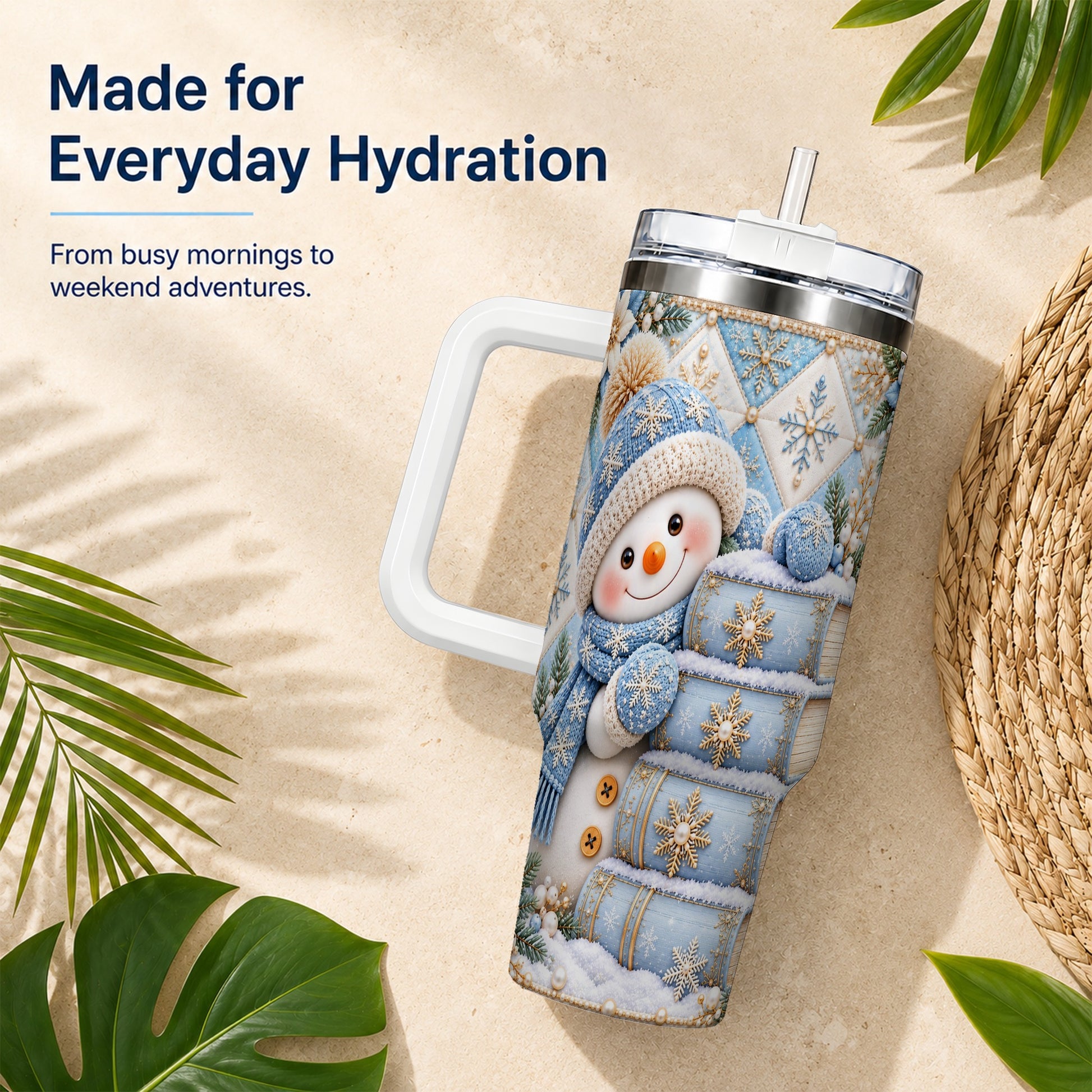 #pl[40oz|White] Snowman Books 40oz Tumbler with Handle, Winter Reading Travel Cup