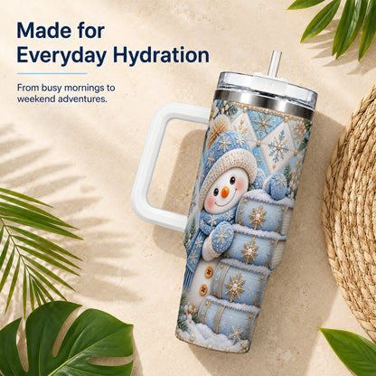 #pl[40oz|White] Snowman Books 40oz Tumbler with Handle, Winter Reading Travel Cup