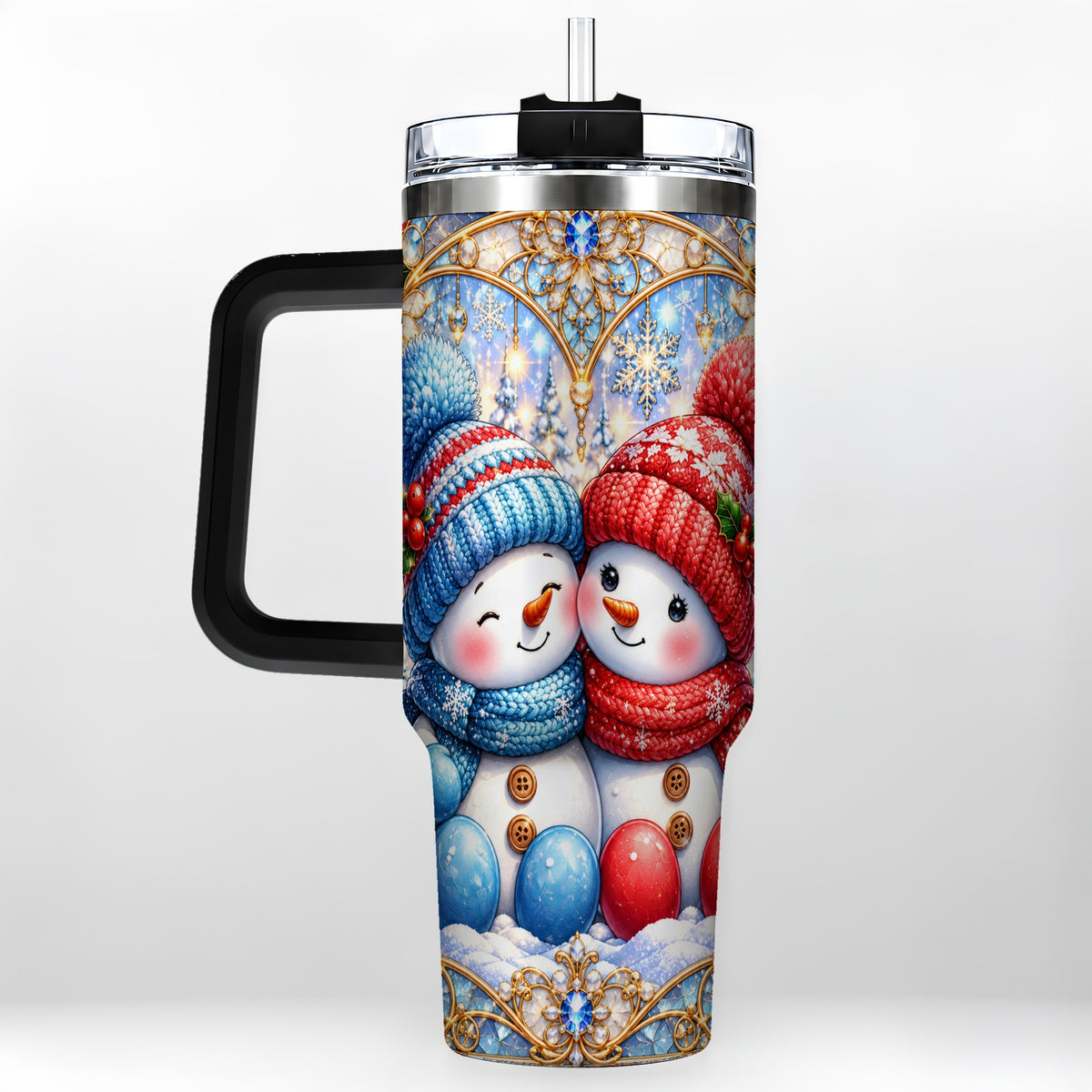 #pl[40oz|Black] Snowman Couple 40oz Tumbler with Handle, Christmas Travel Cup