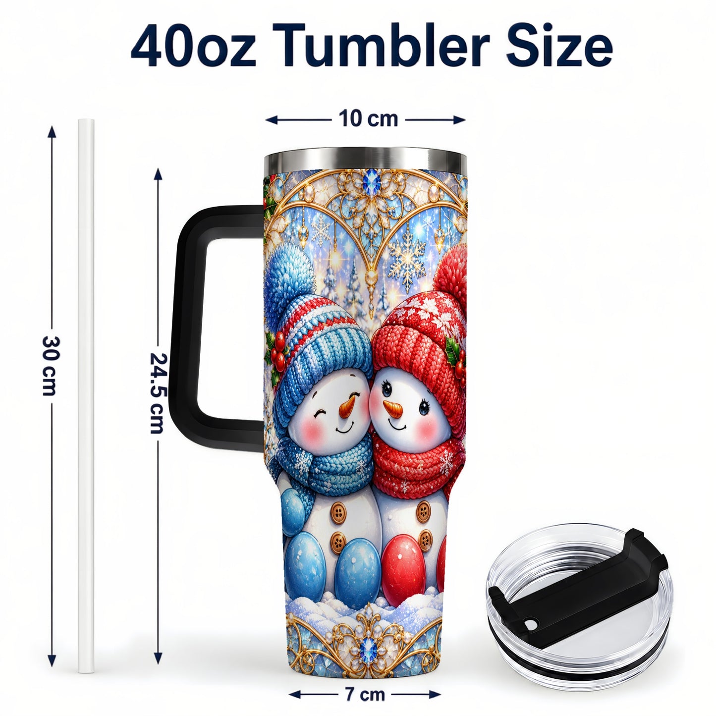 #pl[40oz|Black] Snowman Couple 40oz Tumbler with Handle, Christmas Travel Cup