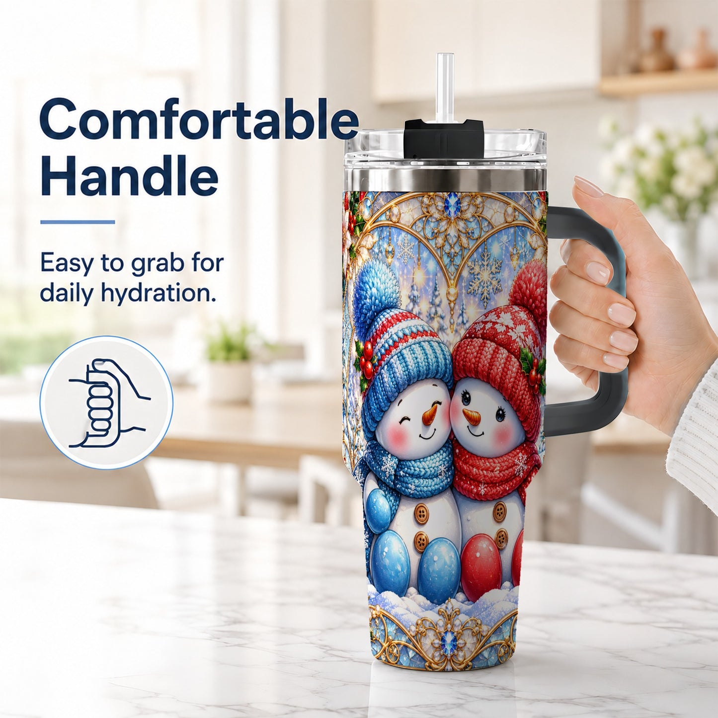 #pl[40oz|Black] Snowman Couple 40oz Tumbler with Handle, Christmas Travel Cup