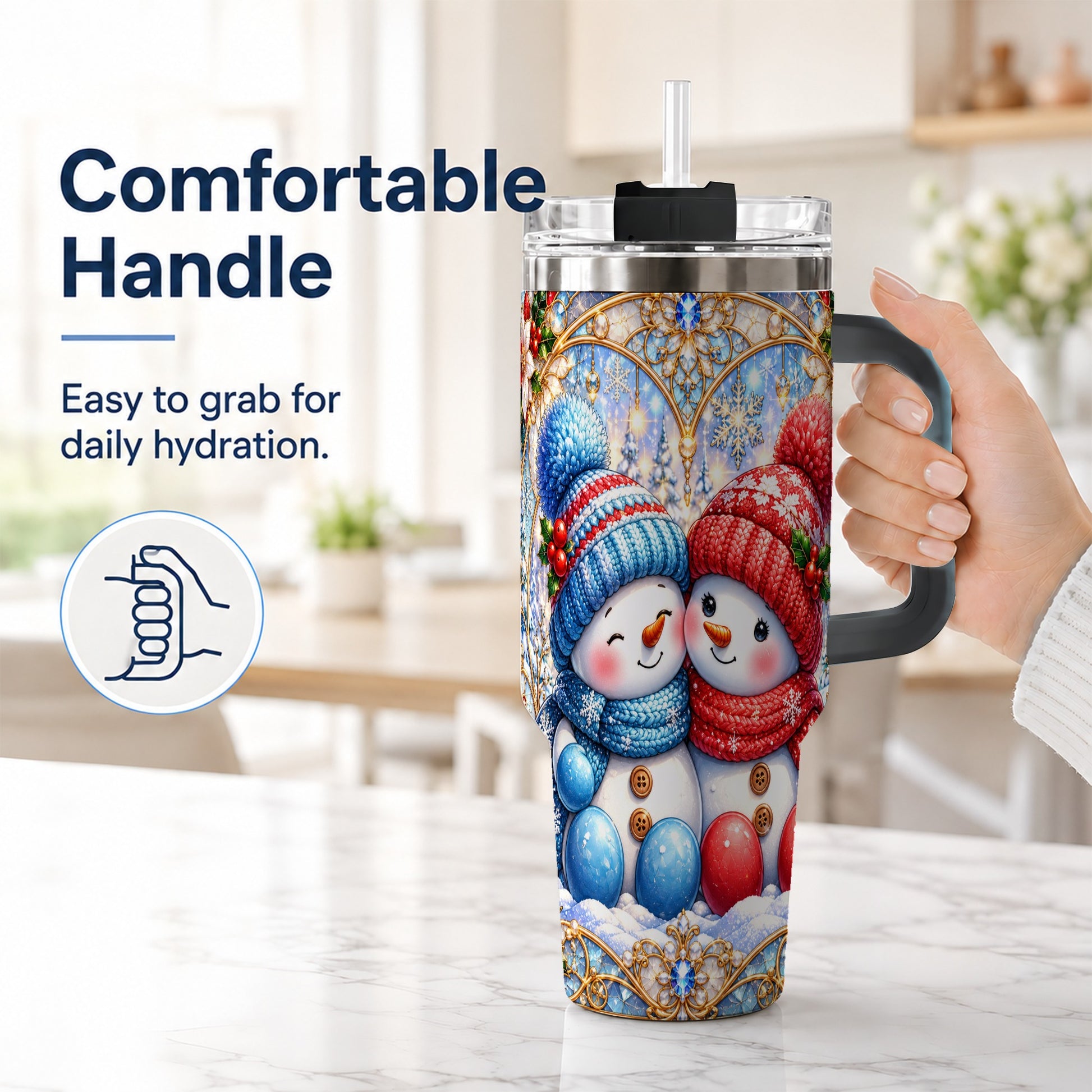 #pl[40oz|Black] Snowman Couple 40oz Tumbler with Handle, Christmas Travel Cup