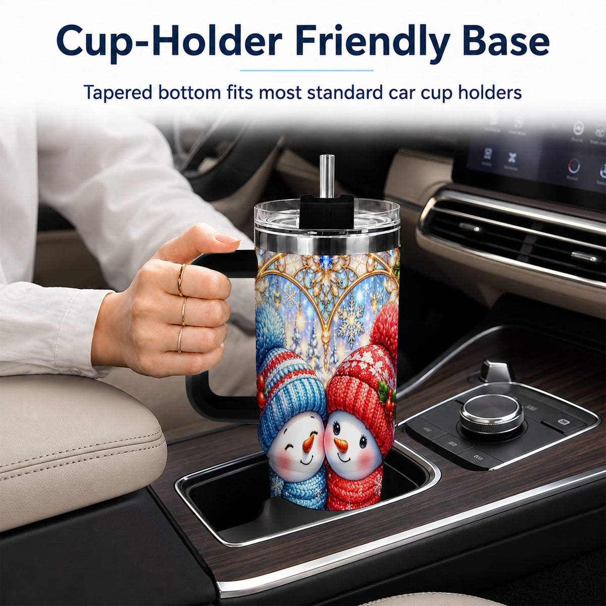 #pl[40oz|Black] Snowman Couple 40oz Tumbler with Handle, Christmas Travel Cup