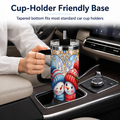 #pl[40oz|Black] Snowman Couple 40oz Tumbler with Handle, Christmas Travel Cup