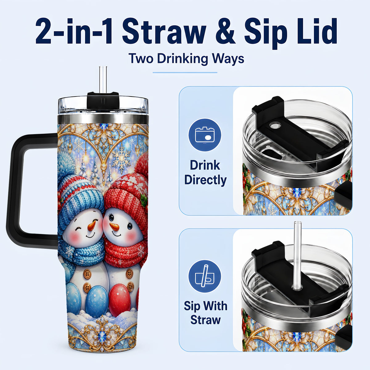 #pl[40oz|Black] Snowman Couple 40oz Tumbler with Handle, Christmas Travel Cup