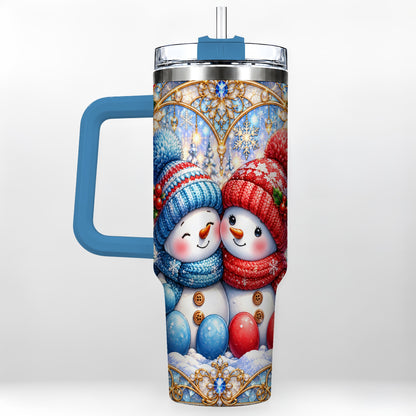 #pl[40oz|Blue] Snowman Couple 40oz Tumbler with Handle, Christmas Travel Cup