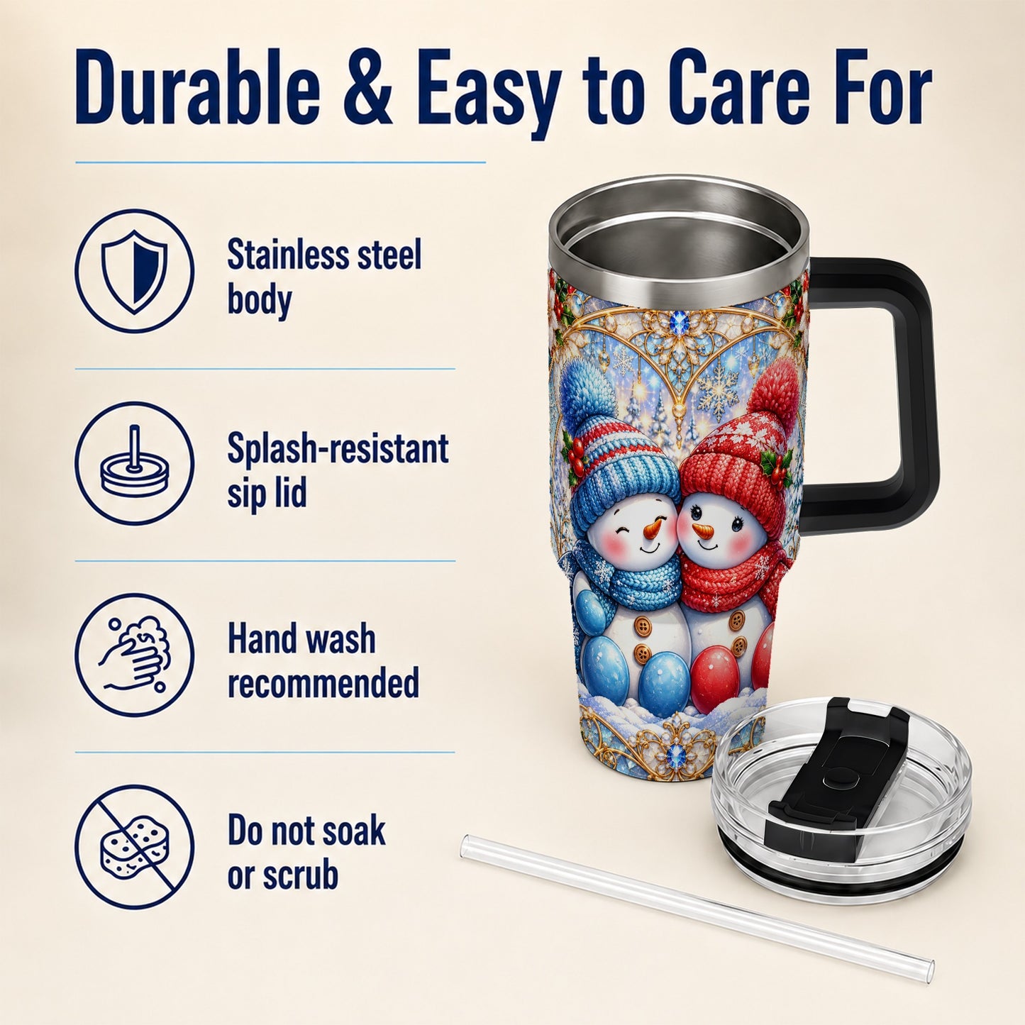 #pl[40oz|Black] Snowman Couple 40oz Tumbler with Handle, Christmas Travel Cup