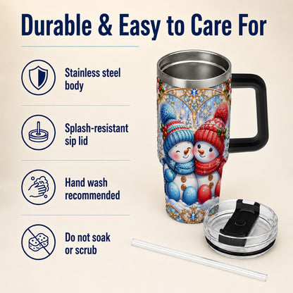 #pl[40oz|Black] Snowman Couple 40oz Tumbler with Handle, Christmas Travel Cup
