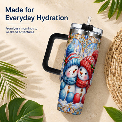 #pl[40oz|Black] Snowman Couple 40oz Tumbler with Handle, Christmas Travel Cup