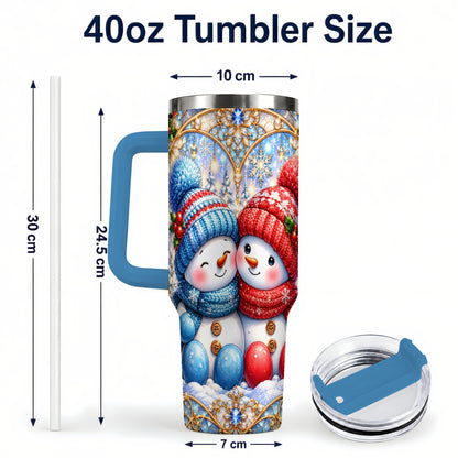 #pl[40oz|Blue] Snowman Couple 40oz Tumbler with Handle, Christmas Travel Cup