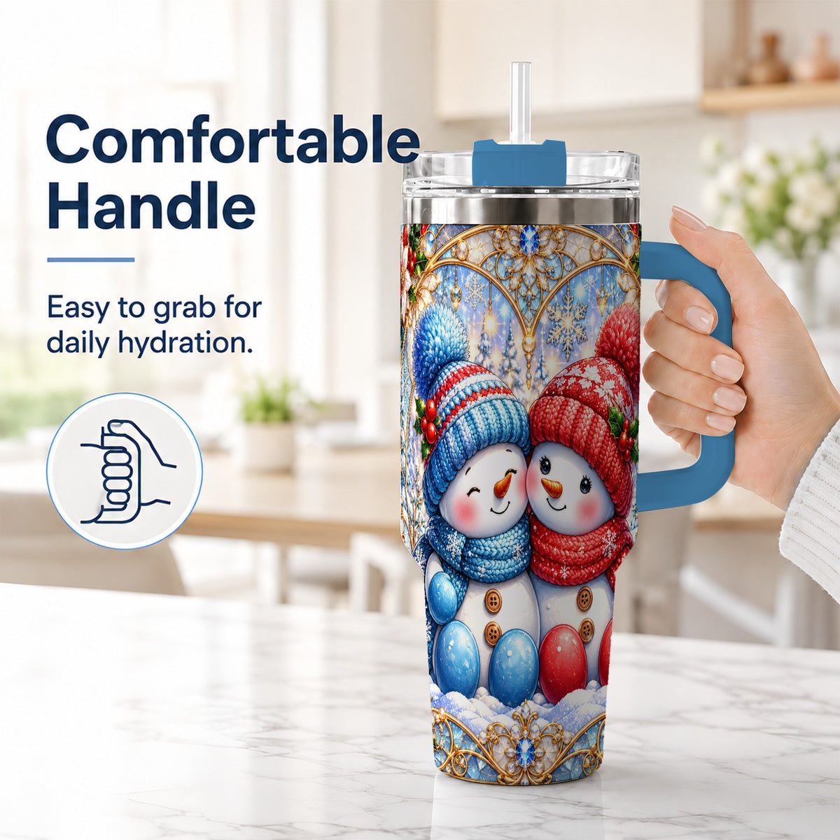 #pl[40oz|Blue] Snowman Couple 40oz Tumbler with Handle, Christmas Travel Cup