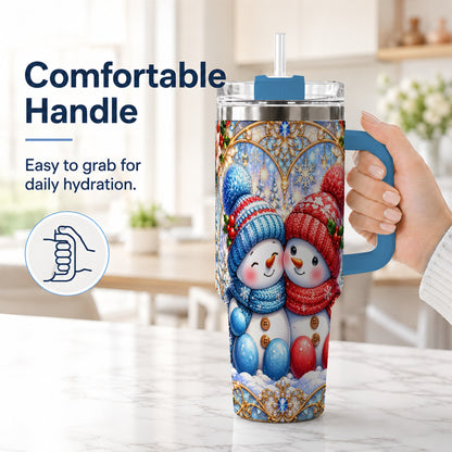 #pl[40oz|Blue] Snowman Couple 40oz Tumbler with Handle, Christmas Travel Cup