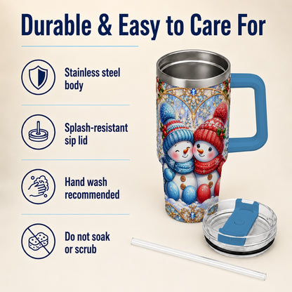 #pl[40oz|Blue] Snowman Couple 40oz Tumbler with Handle, Christmas Travel Cup