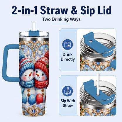 #pl[40oz|Blue] Snowman Couple 40oz Tumbler with Handle, Christmas Travel Cup