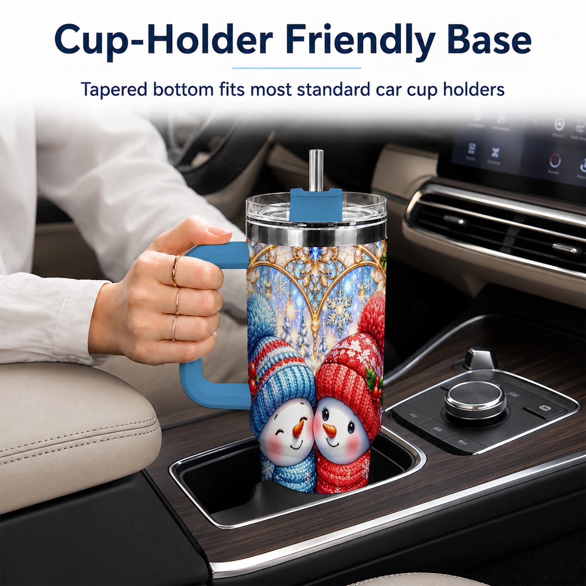 #pl[40oz|Blue] Snowman Couple 40oz Tumbler with Handle, Christmas Travel Cup