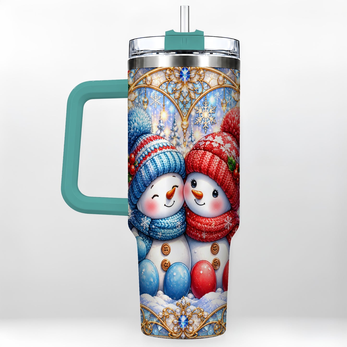 #pl[40oz|Green] Snowman Couple 40oz Tumbler with Handle, Christmas Travel Cup