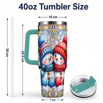 #pl[40oz|Green] Snowman Couple 40oz Tumbler with Handle, Christmas Travel Cup