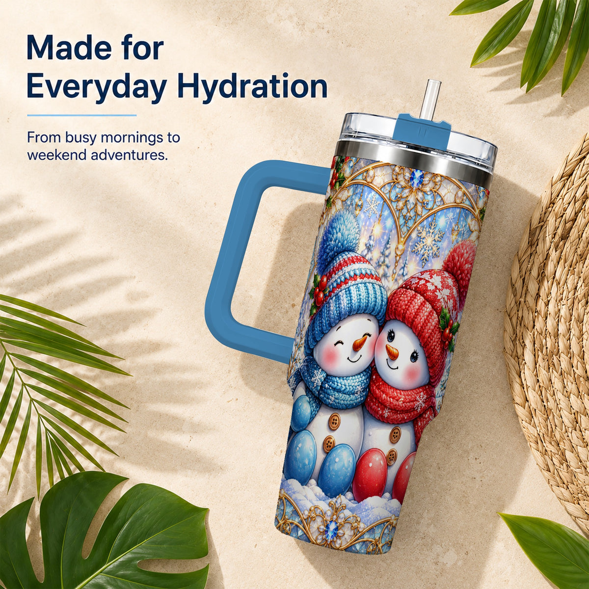 #pl[40oz|Blue] Snowman Couple 40oz Tumbler with Handle, Christmas Travel Cup