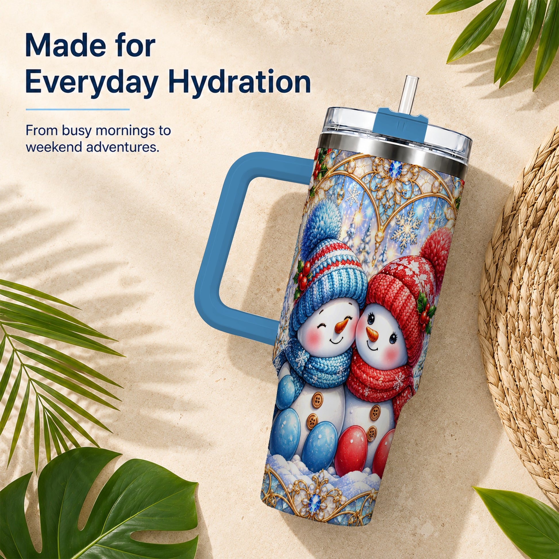 #pl[40oz|Blue] Snowman Couple 40oz Tumbler with Handle, Christmas Travel Cup