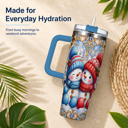 #pl[40oz|Blue] Snowman Couple 40oz Tumbler with Handle, Christmas Travel Cup