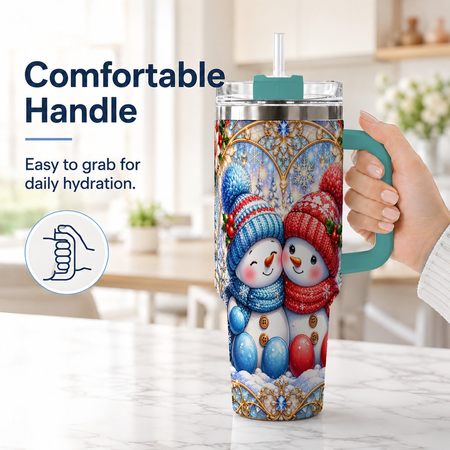 #pl[40oz|Green] Snowman Couple 40oz Tumbler with Handle, Christmas Travel Cup
