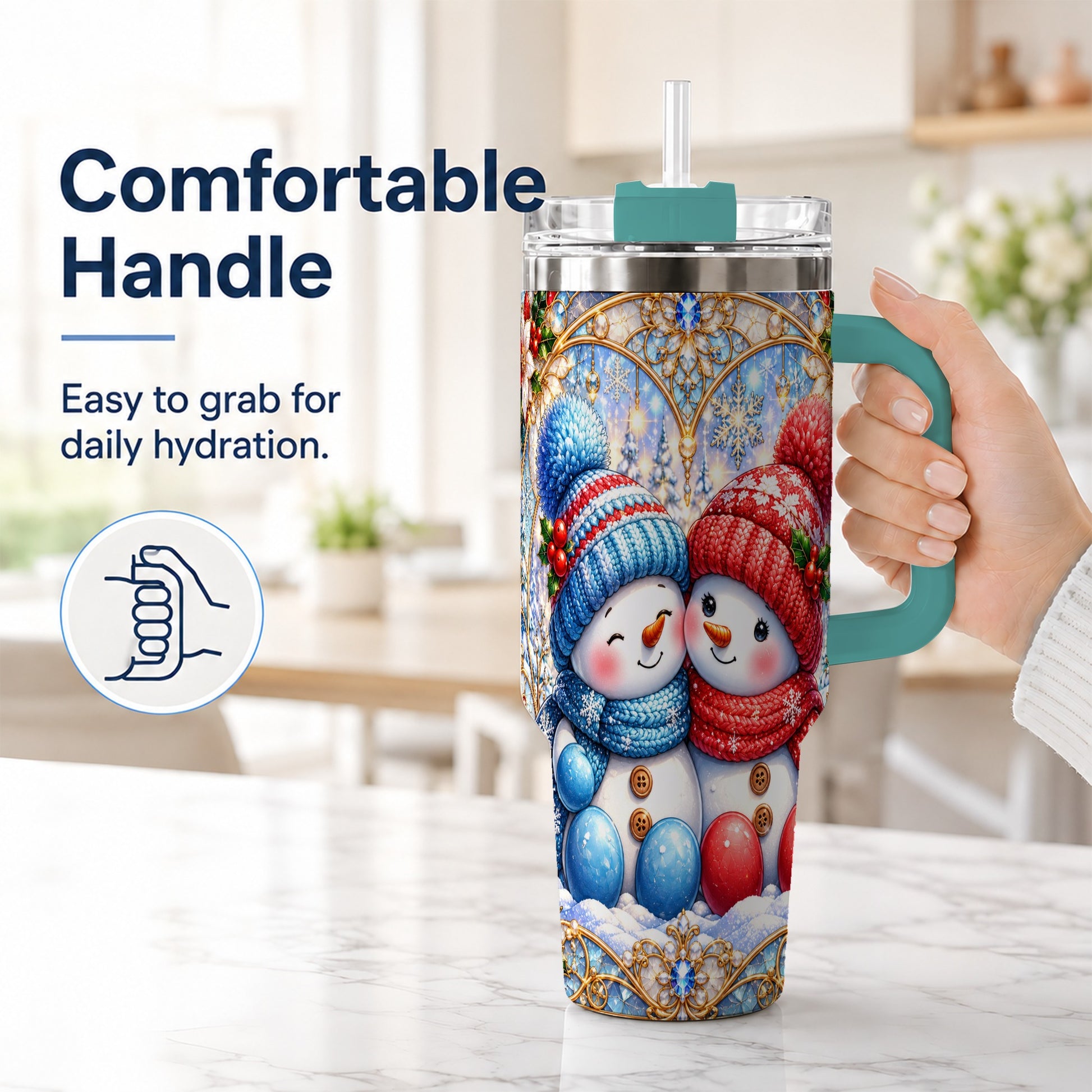 #pl[40oz|Green] Snowman Couple 40oz Tumbler with Handle, Christmas Travel Cup