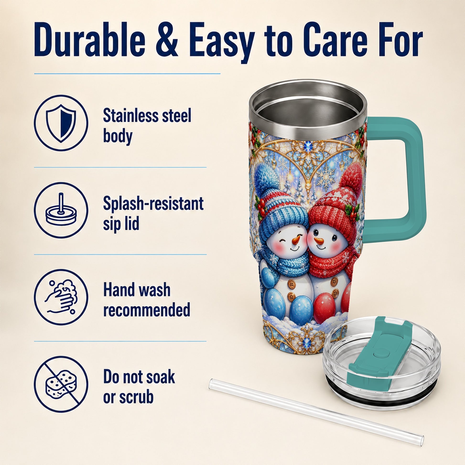 #pl[40oz|Green] Snowman Couple 40oz Tumbler with Handle, Christmas Travel Cup