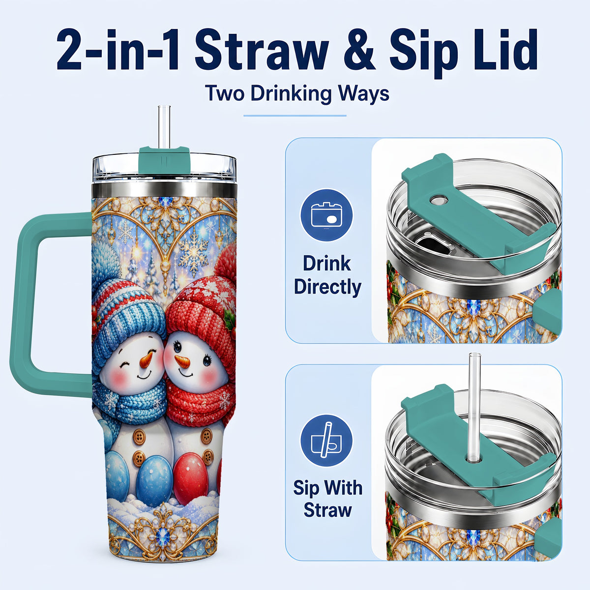 #pl[40oz|Green] Snowman Couple 40oz Tumbler with Handle, Christmas Travel Cup