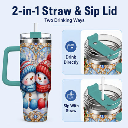 #pl[40oz|Green] Snowman Couple 40oz Tumbler with Handle, Christmas Travel Cup