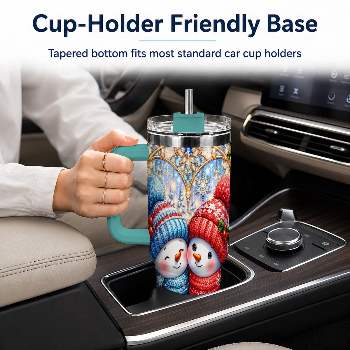 #pl[40oz|Green] Snowman Couple 40oz Tumbler with Handle, Christmas Travel Cup