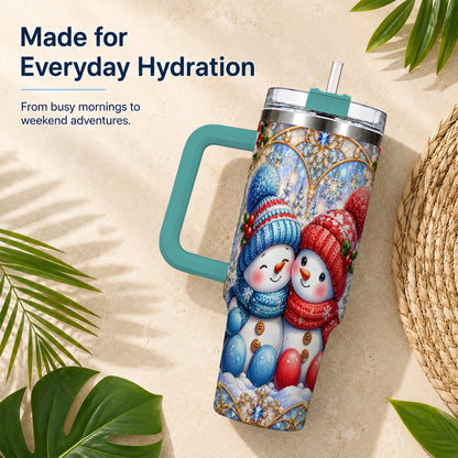 #pl[40oz|Green] Snowman Couple 40oz Tumbler with Handle, Christmas Travel Cup