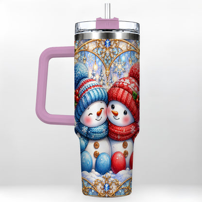 #pl[40oz|Pink] Snowman Couple 40oz Tumbler with Handle, Christmas Travel Cup