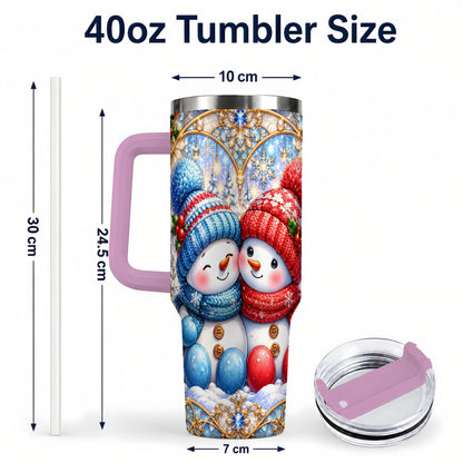 #pl[40oz|Pink] Snowman Couple 40oz Tumbler with Handle, Christmas Travel Cup