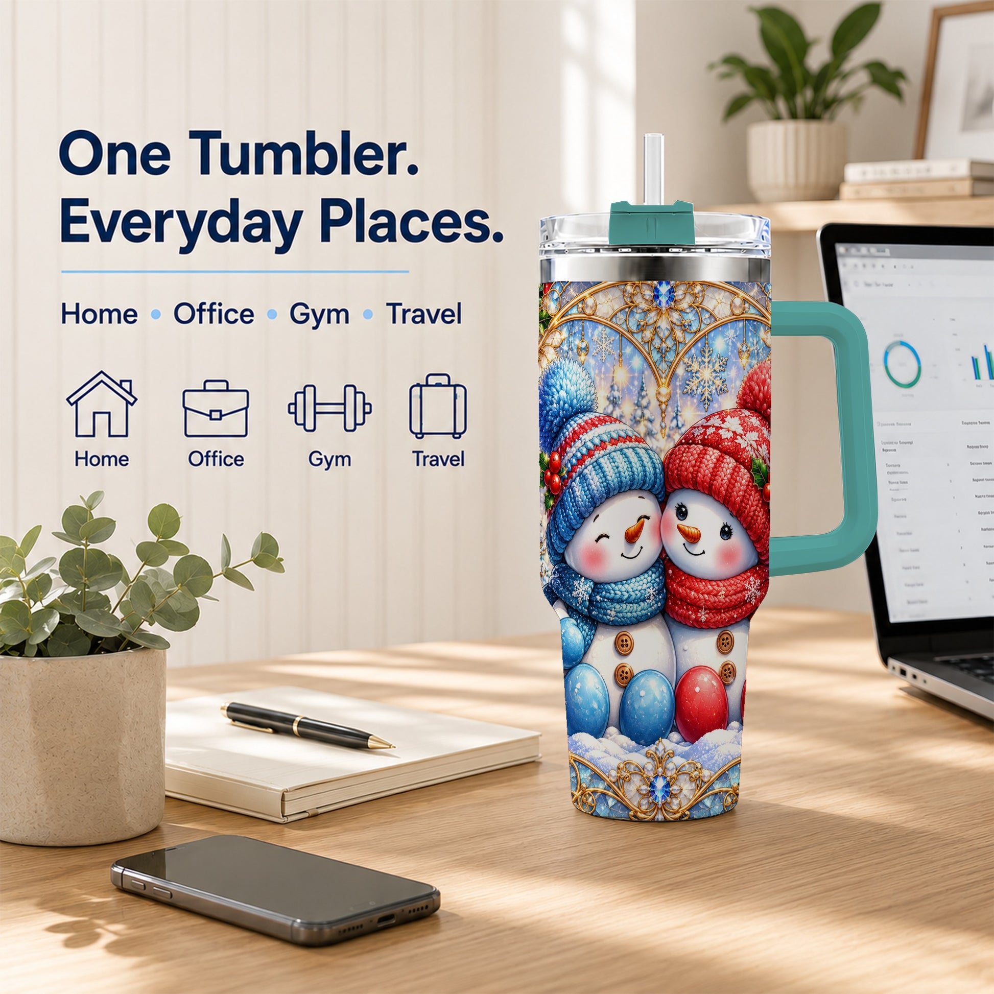 #pl[40oz|Green] Snowman Couple 40oz Tumbler with Handle, Christmas Travel Cup