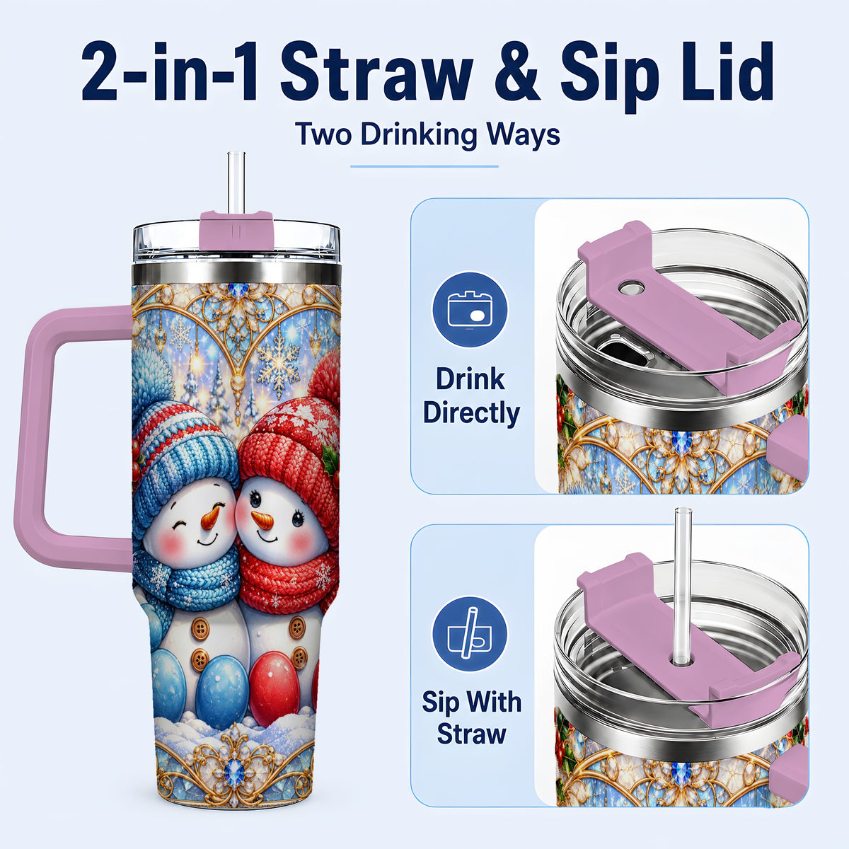 #pl[40oz|Pink] Snowman Couple 40oz Tumbler with Handle, Christmas Travel Cup