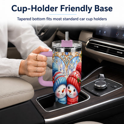 #pl[40oz|Pink] Snowman Couple 40oz Tumbler with Handle, Christmas Travel Cup