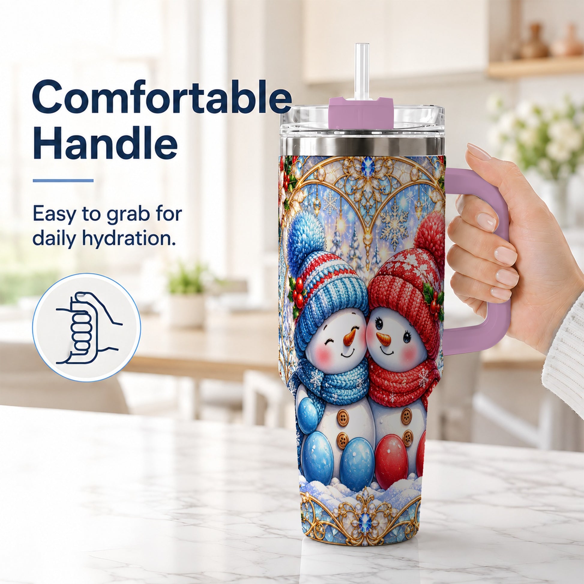 #pl[40oz|Pink] Snowman Couple 40oz Tumbler with Handle, Christmas Travel Cup