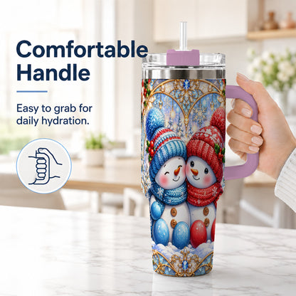 #pl[40oz|Pink] Snowman Couple 40oz Tumbler with Handle, Christmas Travel Cup