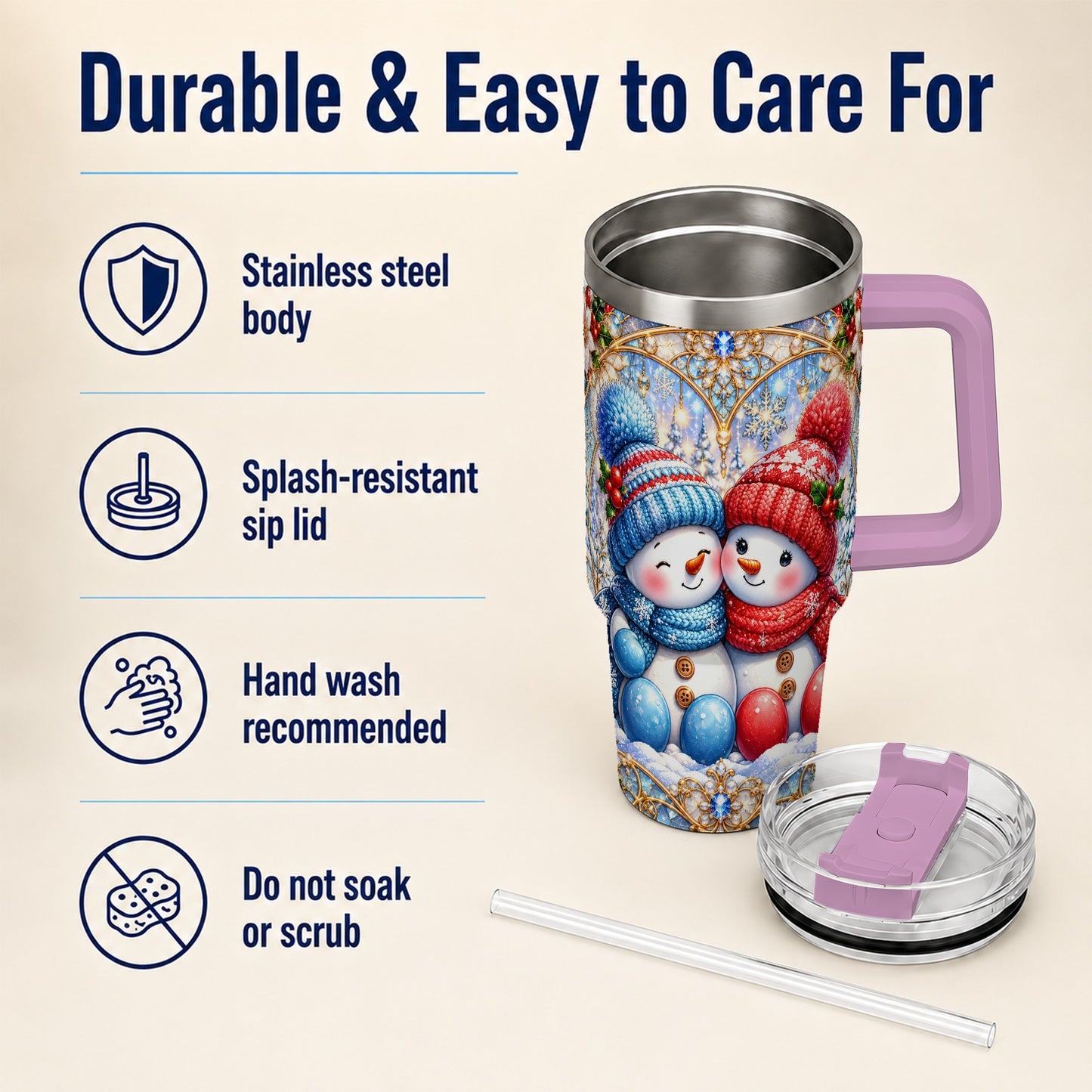 #pl[40oz|Pink] Snowman Couple 40oz Tumbler with Handle, Christmas Travel Cup