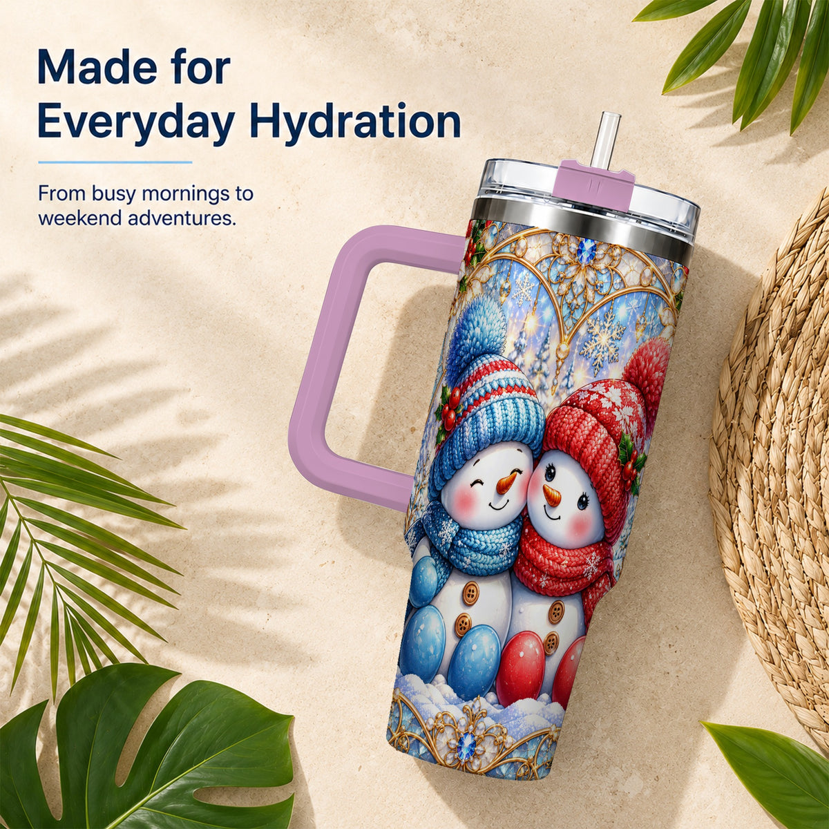 #pl[40oz|Pink] Snowman Couple 40oz Tumbler with Handle, Christmas Travel Cup