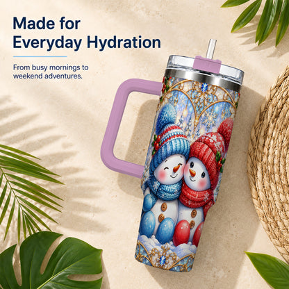 #pl[40oz|Pink] Snowman Couple 40oz Tumbler with Handle, Christmas Travel Cup