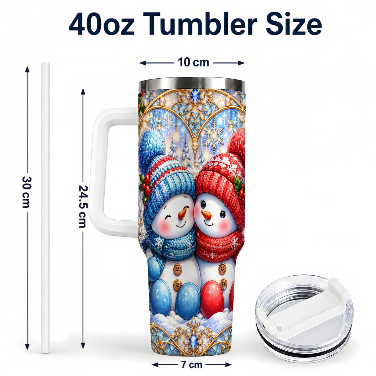 #pl[40oz|White] Snowman Couple 40oz Tumbler with Handle, Christmas Travel Cup