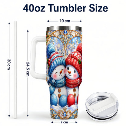 #pl[40oz|White] Snowman Couple 40oz Tumbler with Handle, Christmas Travel Cup