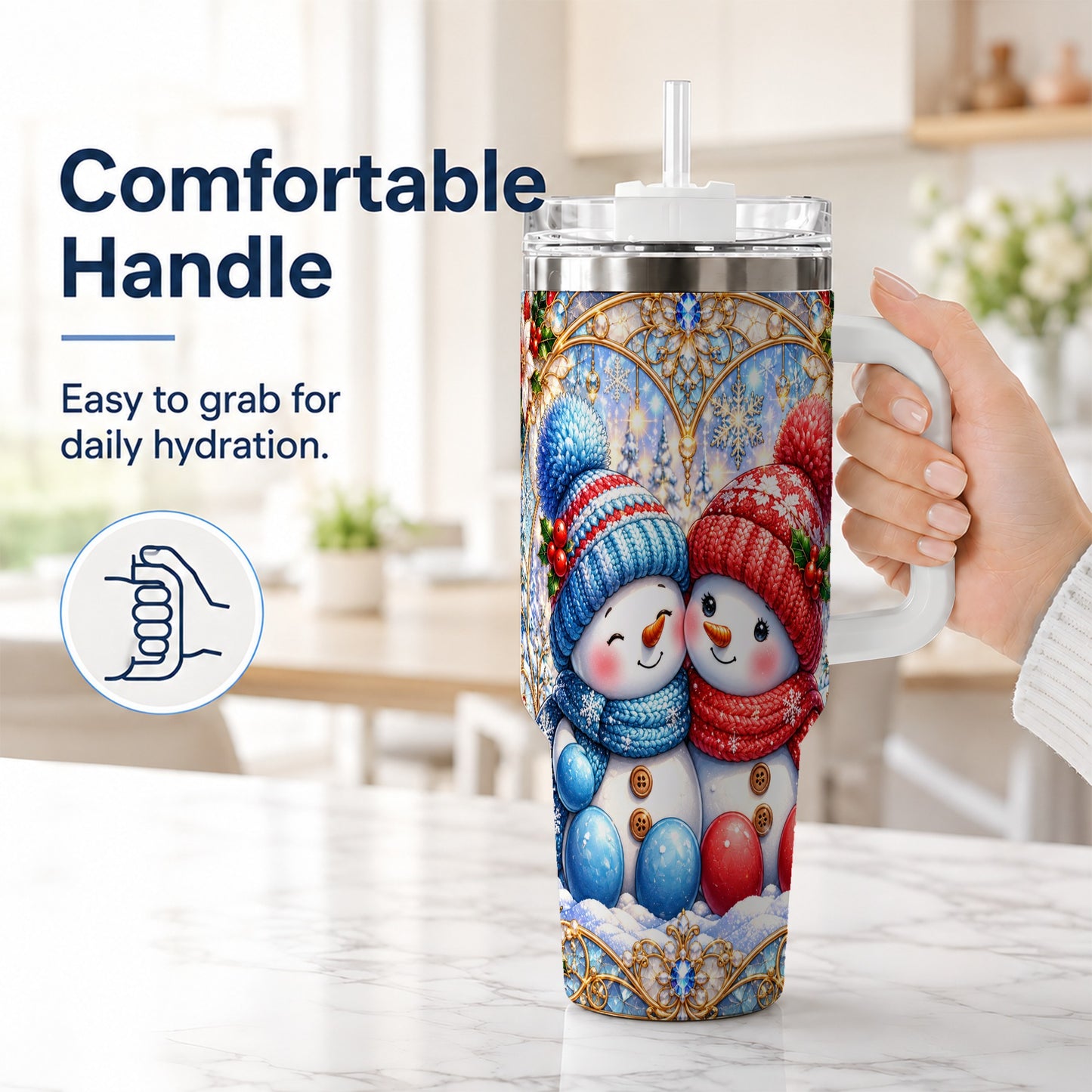 #pl[40oz|White] Snowman Couple 40oz Tumbler with Handle, Christmas Travel Cup